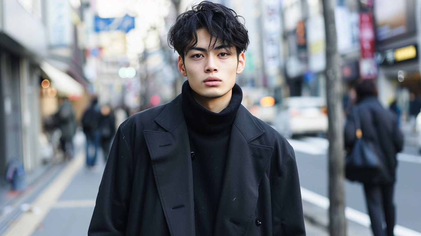 Japanese Men's Fashion with a man on the street with a black coat and black overall