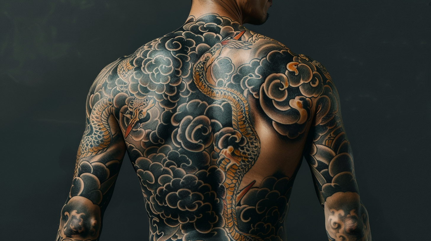 Montage of Japanese tattoos (irezumi) depicting iconic imagery such as koi fish, dragons, and cherry blossoms with elaborate detailing and vibrant colors.