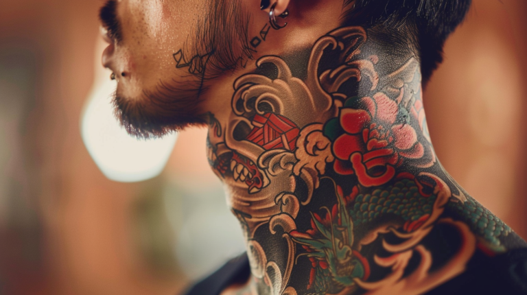 Japanese neck tattoos a man with a neck tattoo in color wit hdragons and clouds