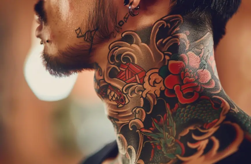 Japanese neck tattoos a man with a neck tattoo in color wit hdragons and clouds