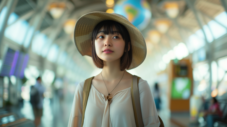 Miami to tokyo with a japanese woman with a hat standing on a airport