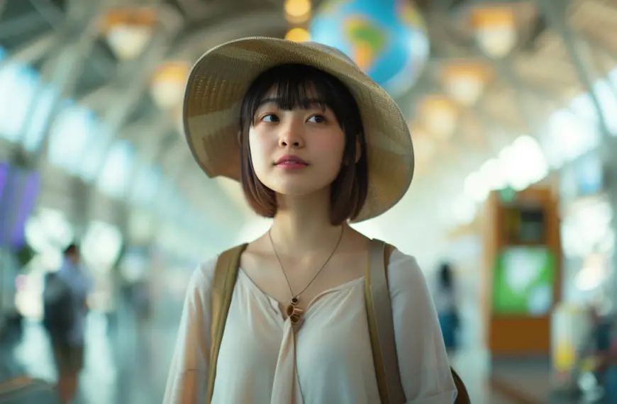 Miami to tokyo with a japanese woman with a hat standing on a airport