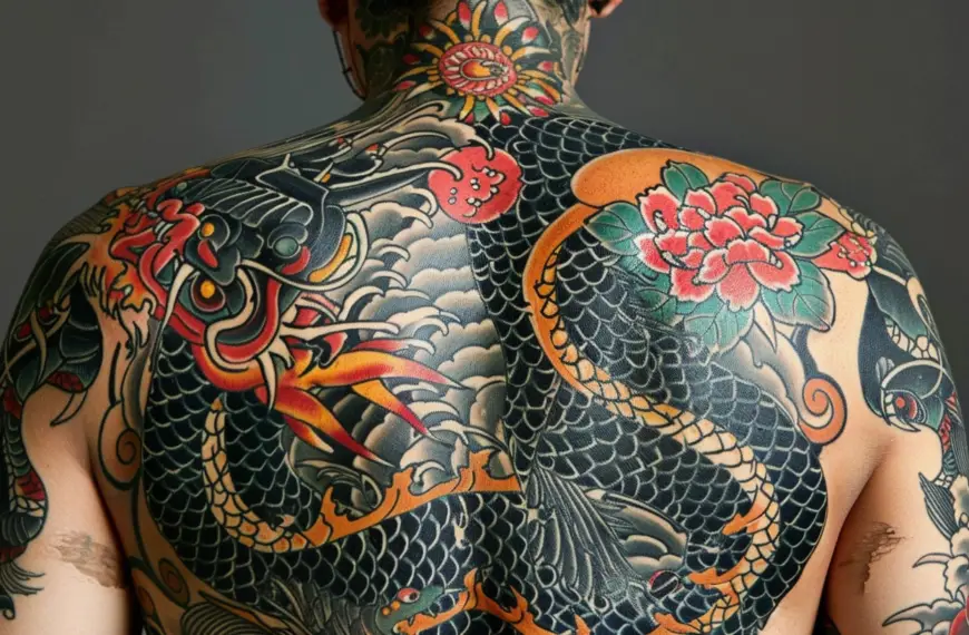 Symbols in Japanese Tattoos with a man and a back tattoo with dragons and flowers