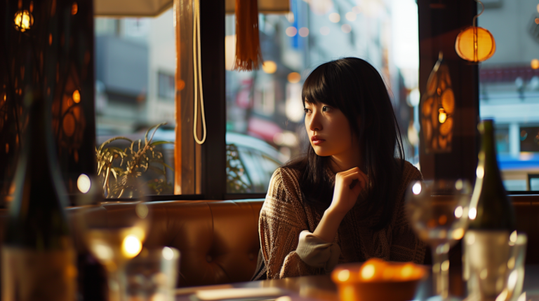 Tokyo Bistro with a woman sitting on a chair drinking wine and eating