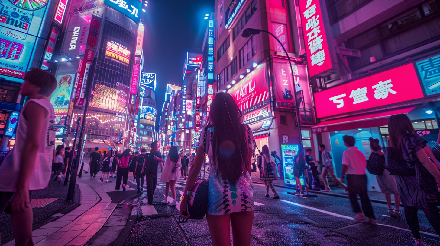 Tokyo Night Styles with a young woman walking in the flashy streets of tokyo