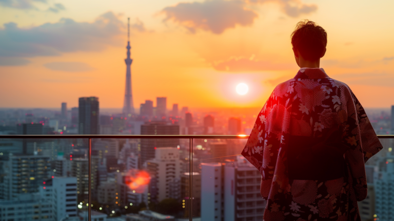 Tokyo Sunset: Discover the Best Places to Catch the Breathtaking View 2024 22 Tokyo Sunset with a man in traditional clothes stays on a rooftop