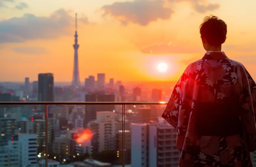 Tokyo Sunset with a man in traditional clothes stays on a rooftop