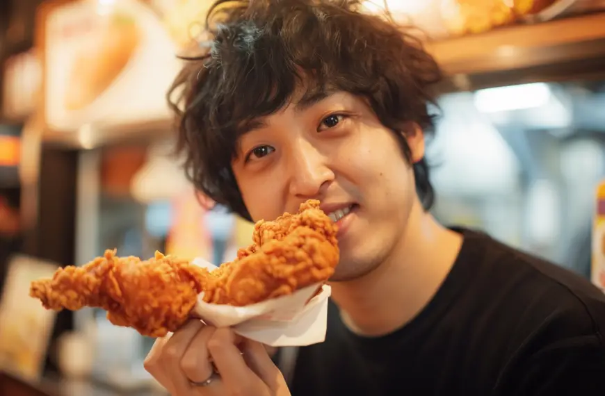 Tokyo fried chicken with a man eating a fried chicken in a restaurant