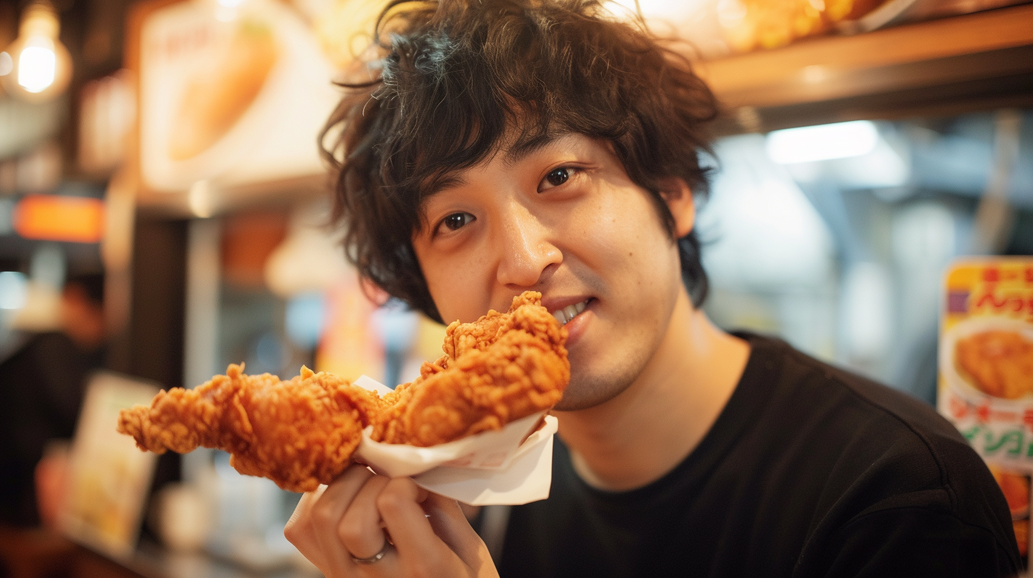 Tokyo fried chicken with a man eating a fried chicken in a restaurant