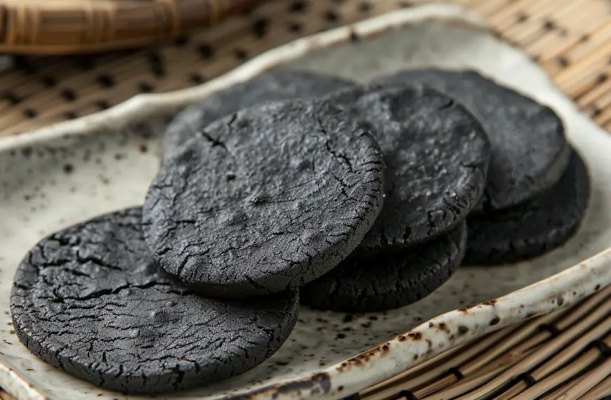 Weird Japanese Food with squid ink coockies on a plate
