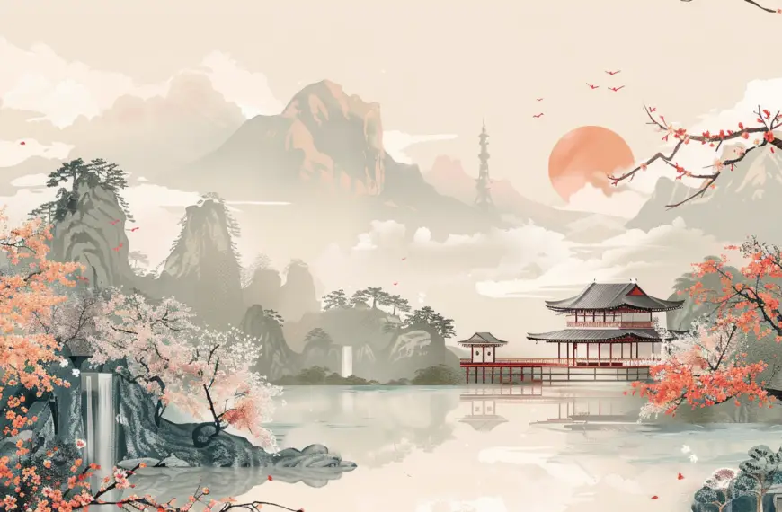 japan aesthetic wallpaper with a templke and several mountains in the back