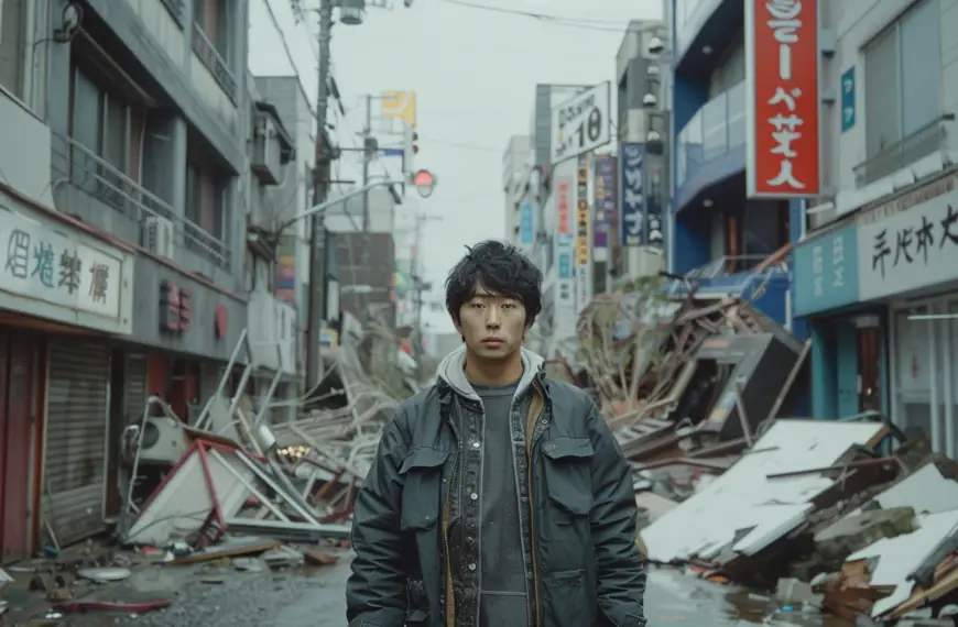 japan earthquake tokyo with a man standing on the street besides damaged houses