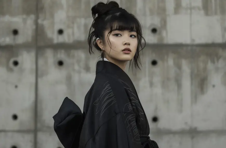 japanese fashion models with a young japanese woman in black with black hair walking besides a wall