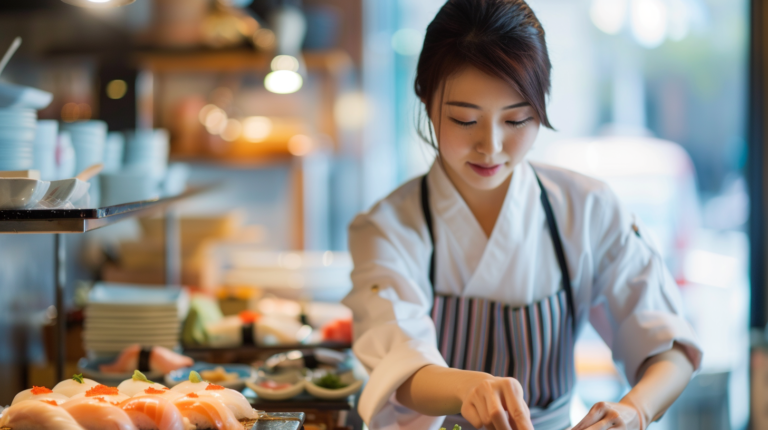 tokyo sushi hibachi with a japanese young woman chef serving tasty sushi