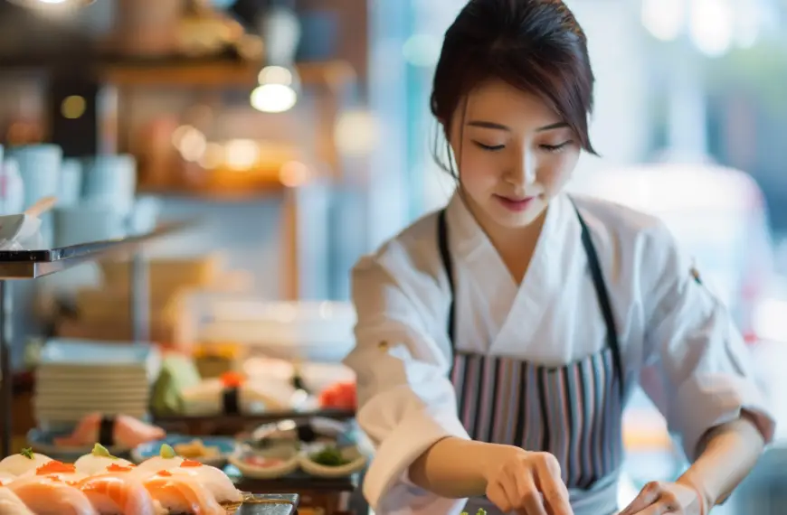 tokyo sushi hibachi with a japanese young woman chef serving tasty sushi