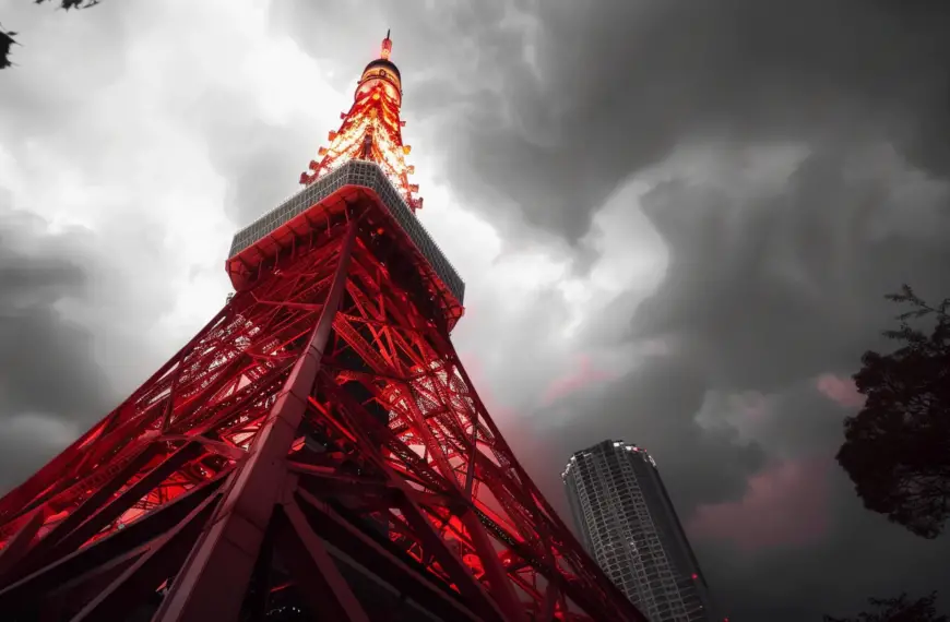 Red Tokyo Tower with the tokyo tower with clouds in the sky