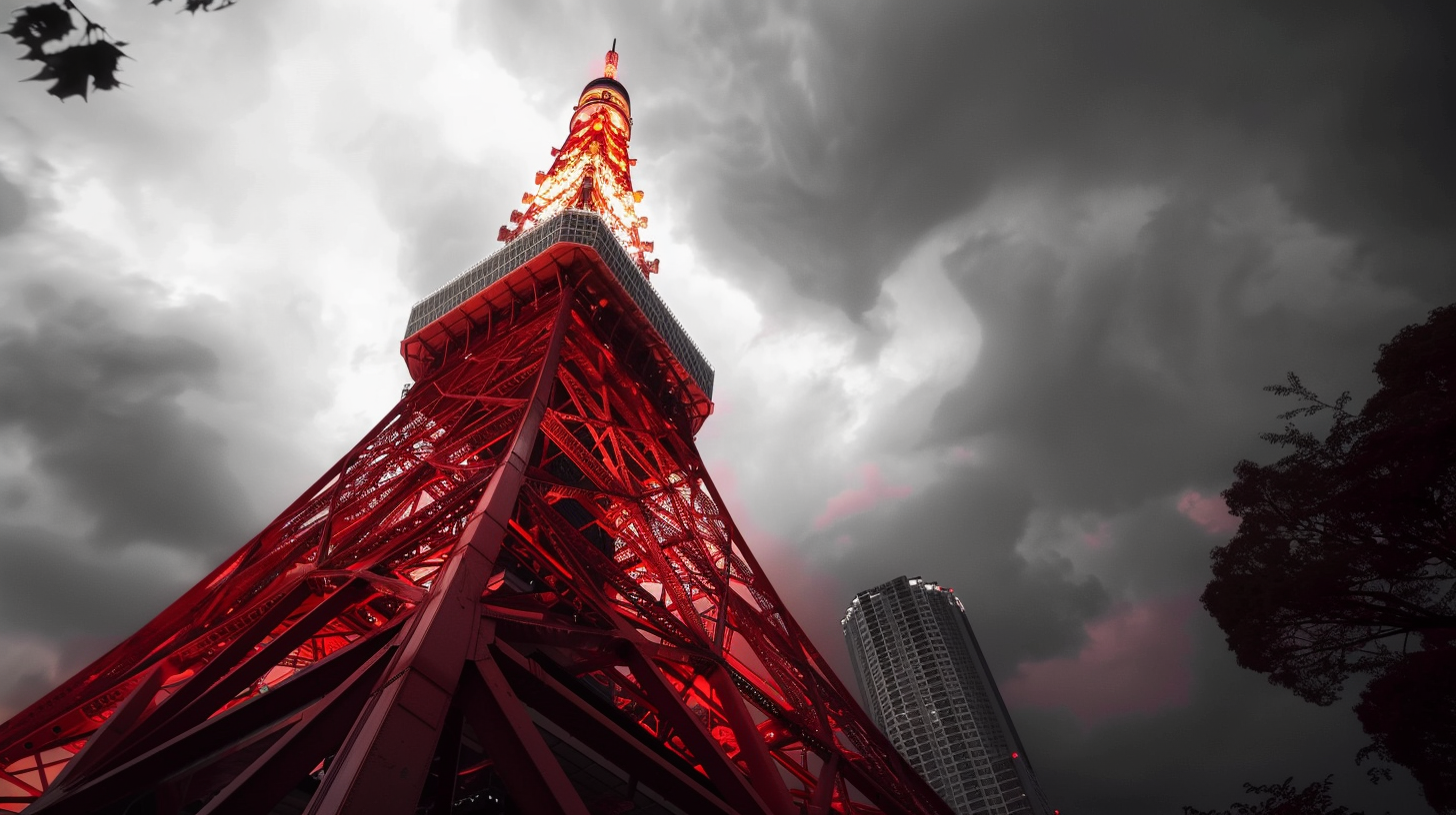 Red Tokyo Tower with the tokyo tower with clouds in the sky