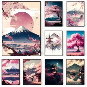 Japanese Fuji Art: Cherry Blossom Sunset Canvas