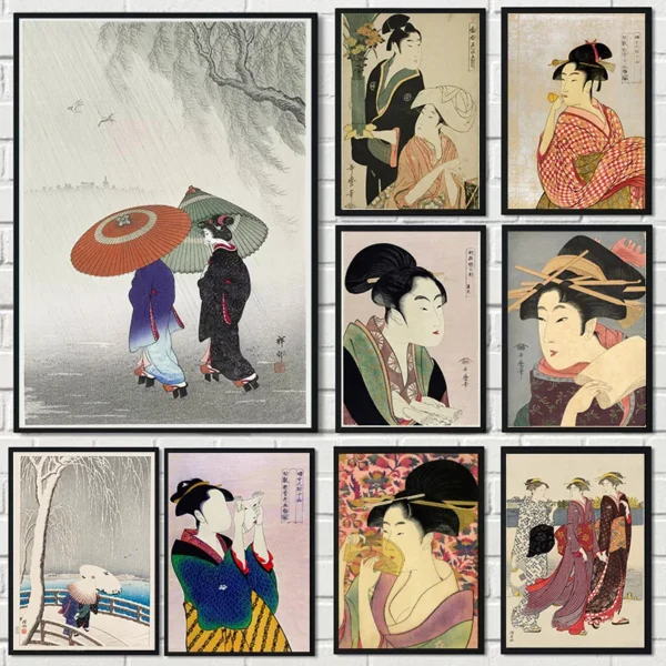 Vintage Japanese Geisha Oriental Canvas Painting Wall Art Pictures Japanese Woman Retro Poster And Prints Home