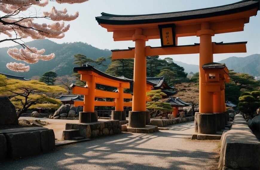 Kyoto to Hiroshima with an orange tori shrine in a park with cherry blossoms