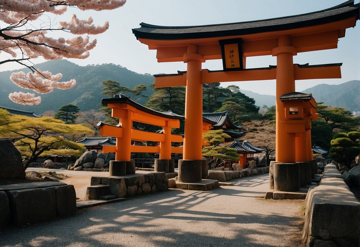 Kyoto to Hiroshima with an orange tori shrine in a park with cherry blossoms