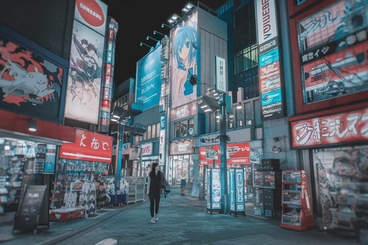 Akihabara Tokyo: Your Ultimate Tech and Anime Paradise 2026! 1 A cinematic urban composition of a vibrant street scene in Akihabara, Tokyo at night. The scene is filled with tall electronic stores, anime billboards, and glowing neon signs. There is a bustling atmosphere with a futuristic tech vibe. A Japanese woman is walking through the district, surrounded by shops selling gadgets, anime merchandise, and retro games. The background contains a mix of modern architecture and traditional Japanese buildings.