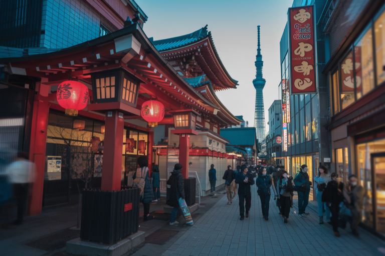 A cinematic composition of a warm lighting street scene in Asakusa, Tokyo. There's the Senso-ji Temple with its iconic red lanterns and the Nakamise shopping street. The Tokyo Skytree is visible in the distance. The scene is lively with tourists and locals. The image is highly detailed.