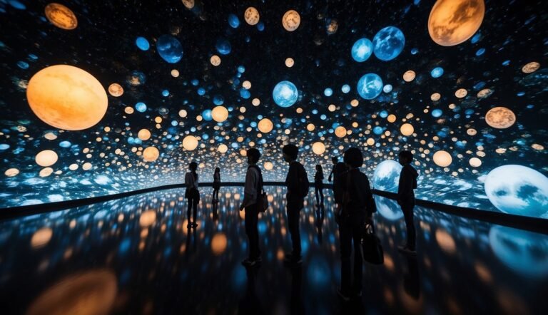 TeamLab Planets Tokyo with people standing in a room with planets