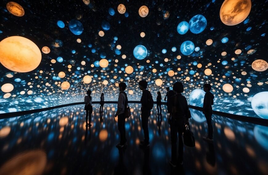 TeamLab Planets Tokyo with people standing in a room with planets