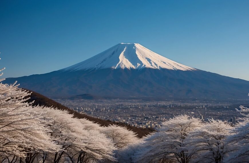 Fuji Japan with a beautiful blue sky and mount fuji in the back