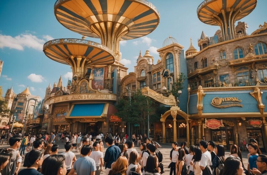 Universal Studios Osaka with a park full of people in front of the gates
