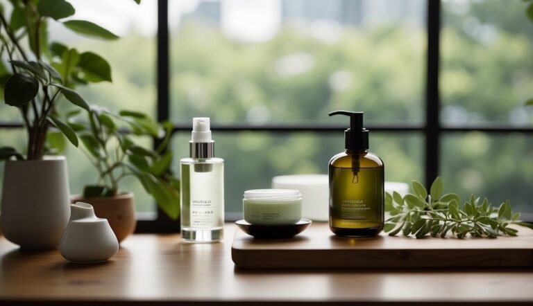 Japanese Skincare Routines with ski ncare products in front of a window