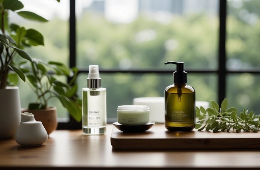Japanese Skincare Routines with ski ncare products in front of a window