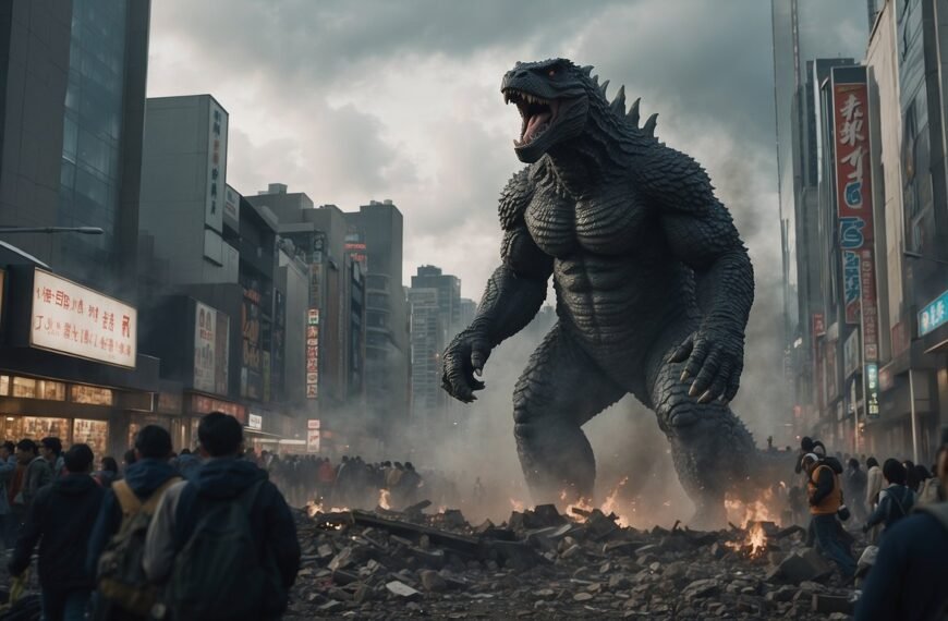 Godzilla Tokyo with a godzilla standing on the street with destroyed shops and cars