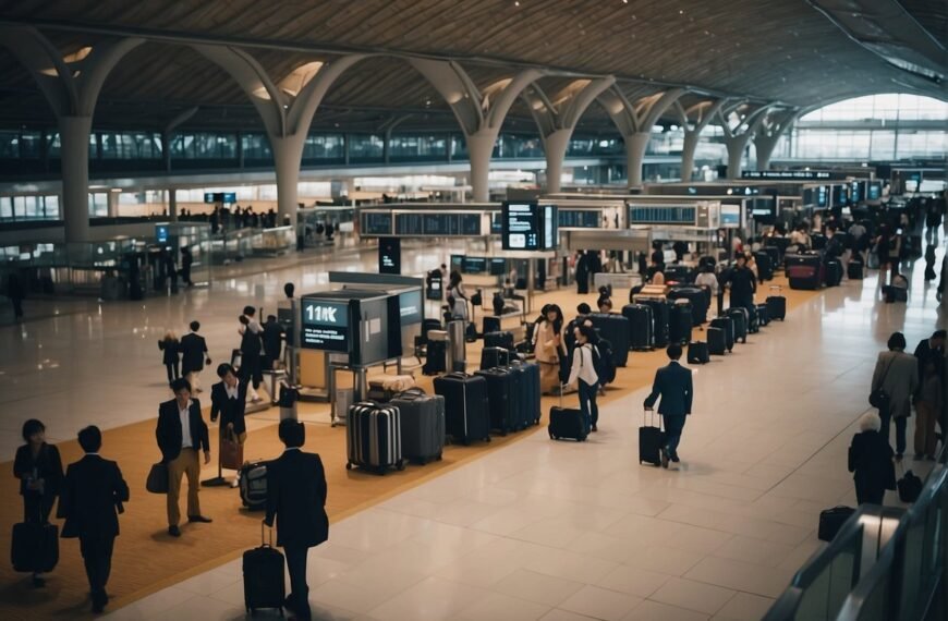 Kyoto Japan Airport with a hall full of people waiting for their flight