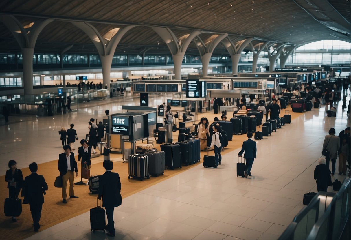 Kyoto Japan Airport with a hall full of people waiting for their flight