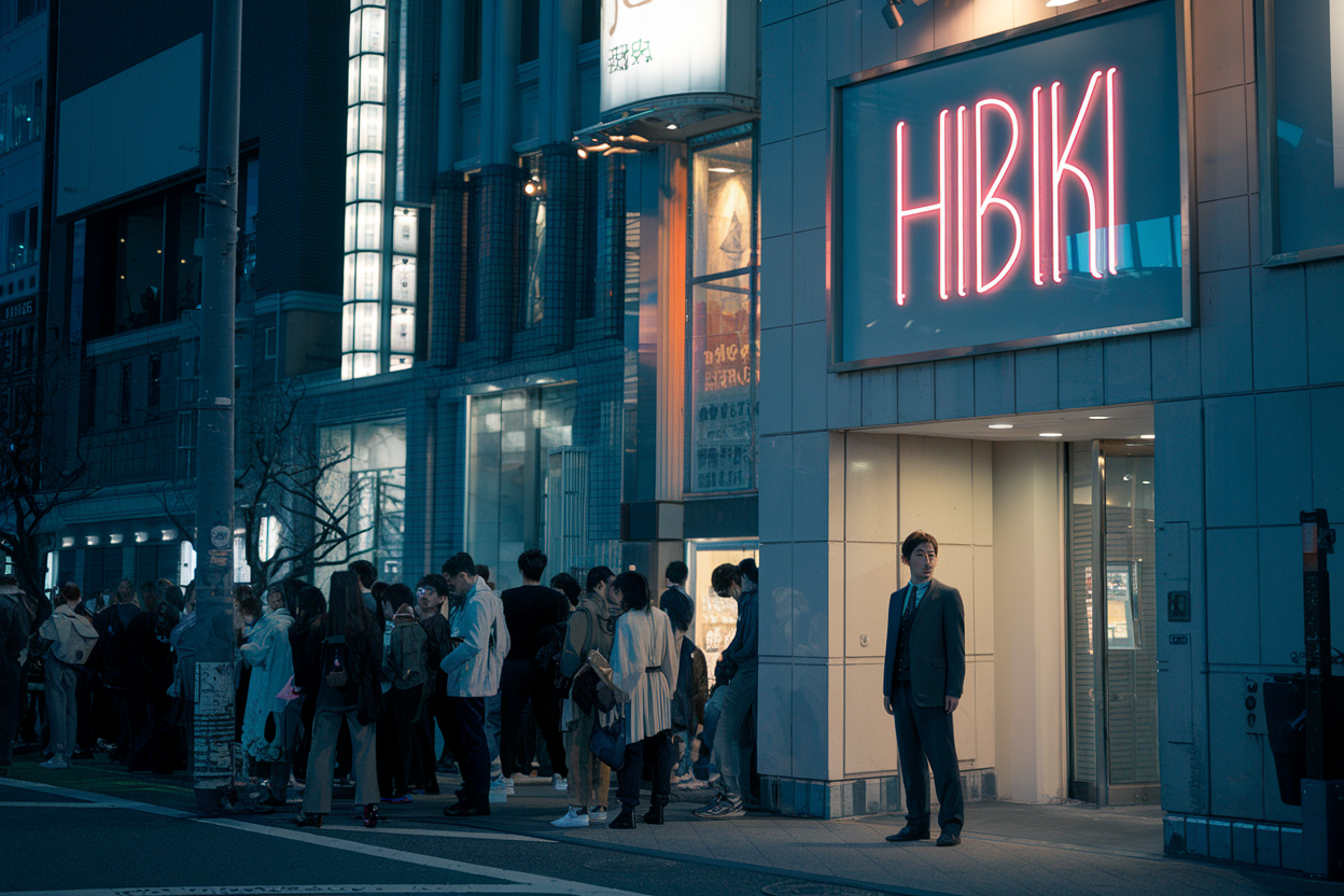 Shinjuku Tokyo: Japan's Most Vibrant District 2026! 1 A cinematic medium shot of a bustling Shinjuku Tokyo street scene at night. The street is lined with tall buildings and billboards with a glowing neon sign that says "Hibiki". There's a man in a suit standing near the building. The background reveals a crowd of people, with some standing on the sidewalk and others in a nearby building. The lighting is cinematic, with the building lights illuminating the scene.