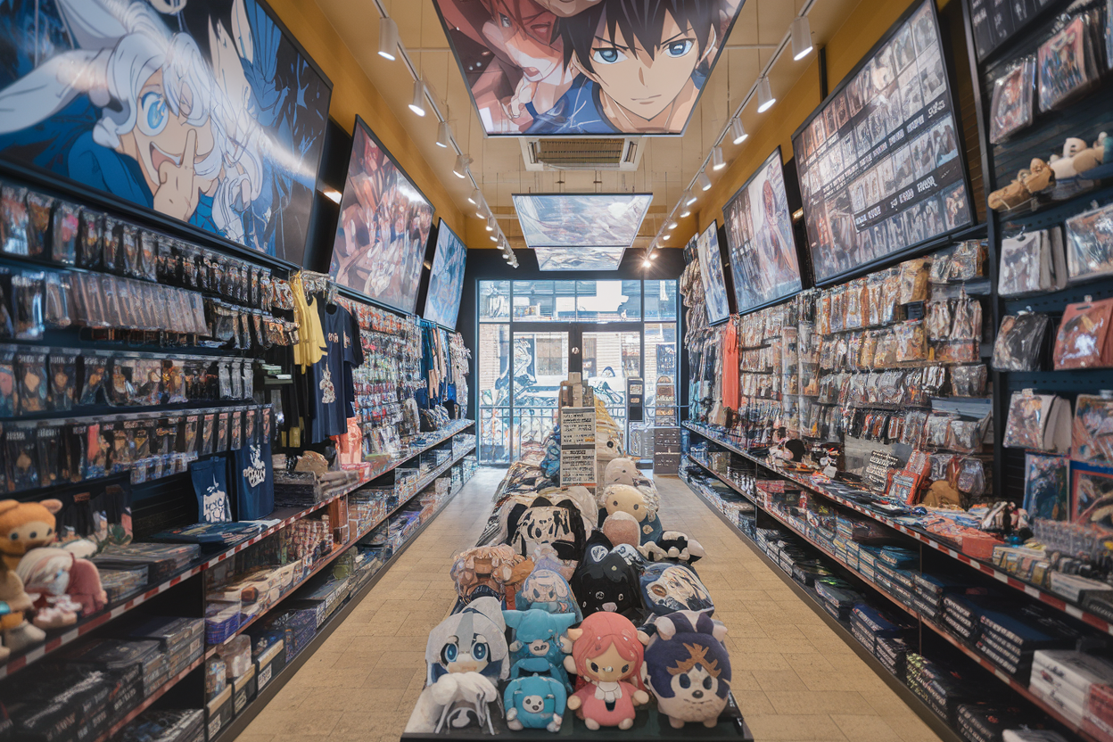 Anime Merchandise Japan: Must-Haves for Every Fan 2026! 1 A photo of an anime and manga merch shop in Japan. The walls are lined with shelves filled with various anime and manga merchandise. There are action figures, plush toys, t-shirts, posters, and other collectibles. The lighting is bright, and there are large anime posters hanging from the ceiling. The floor is made of beige tiles. The background contains a door and a window.