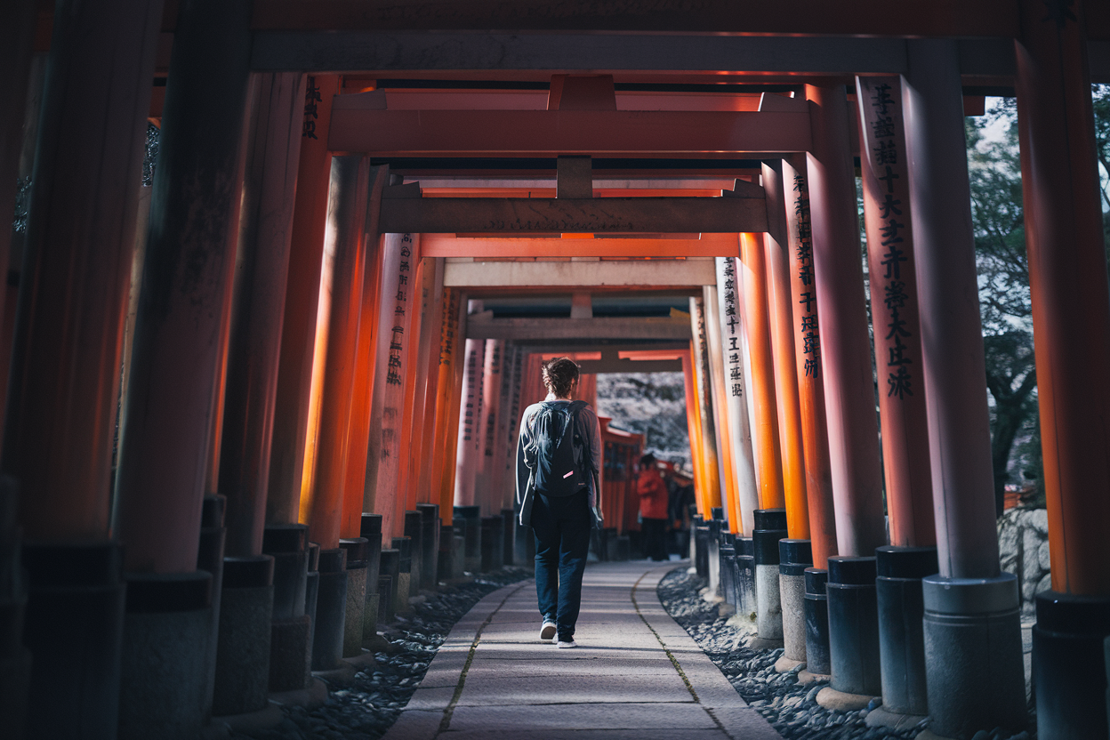 A cinematic photo of a Japanese traveler walking through the endless red torii gates of Fushimi Inari Shrine. The soft morning light filters through the gates, casting a warm glow on the path. The traveler is wearing a minimalist backpack and has a travel-hack vibe. The background is filled with the serene landscape of mountains and trees.