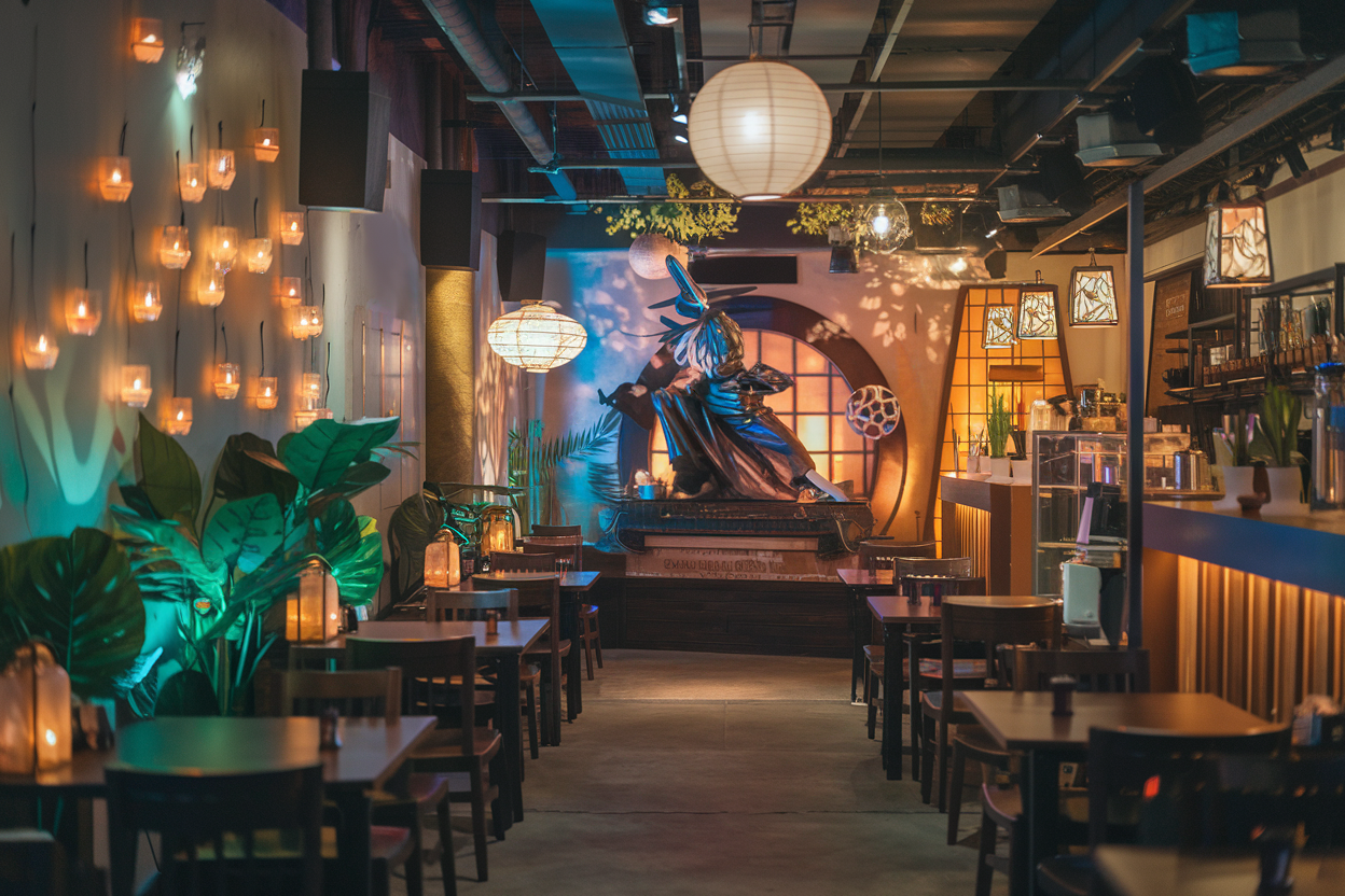 A cinematic photo of a warm atmospheric lighting Jujutsu-inspired Japanese café scene. The café has a traditional wooden interior mixed with modern anime-style décor. There are subtle glowing talismans, floating paper charms, and mystical energy effects surrounding the café counter. A stylish Japanese barista is preparing a colorful, fantasy-themed dessert and drink. The background contains a few patrons. The photo has a highly detailed texture and a cozy yet magical ambiance.