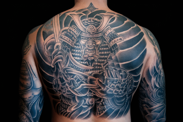 A detailed and artistic back tattoo design featuring a fierce samurai warrior, inspired by traditional Japanese Irezumi art. The tattoo covers a muscular back, showcasing fine black ink lines, mythological elements, and dynamic samurai motifs. Soft studio lighting highlighting the tattoo details and body contours. Modern, aesthetic, and powerful atmosphere — digital art photography style, high resolution, ideal for a tattoo and art blog cover image.