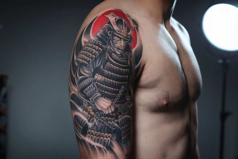 A detailed and artistic samurai tattoo design on a muscular arm, depicting a powerful Black samurai warrior in traditional Japanese armor. The tattoo features intricate armor details with black and gold accents, a katana in hand, and dynamic battlefield elements. Inspired by Japanese Irezumi art, with fine lines and rich shading. Soft studio lighting highlighting the contours of the arm and the tattoo’s depth. Cinematic and atmospheric digital art, high resolution, ideal for a cultural and tattoo-themed blog cover image.