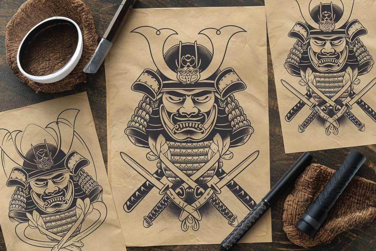 25+ Samurai Tattoo Stencil 2026: Surprising Inspirations You Have To Try 1 A detailed collection of samurai tattoo stencil designs displayed artistically on parchment or textured background. The stencils feature traditional Japanese samurai helmets, masks, swords, and warriors in dynamic poses. Fine black ink outlines, clean contrast, inspired by authentic Japanese Irezumi art. Modern, aesthetic, and balanced composition