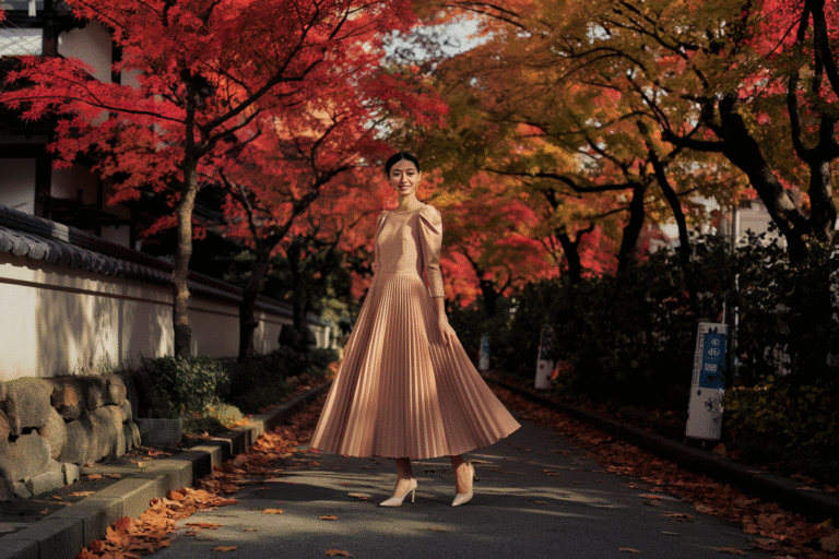 A fashionable Japanese woman wearing an elegant autumn dress in warm seasonal tones, standing on a charming Japanese street surrounded by red and golden maple trees. Soft sunlight, gentle breeze, and fallen leaves create a cozy autumn atmosphere. The dress reflects 2024 Japanese fashion trends — modern, feminine, and sophisticated. Cinematic editorial photography style, high resolution, ideal for a fashion blog cover image.
