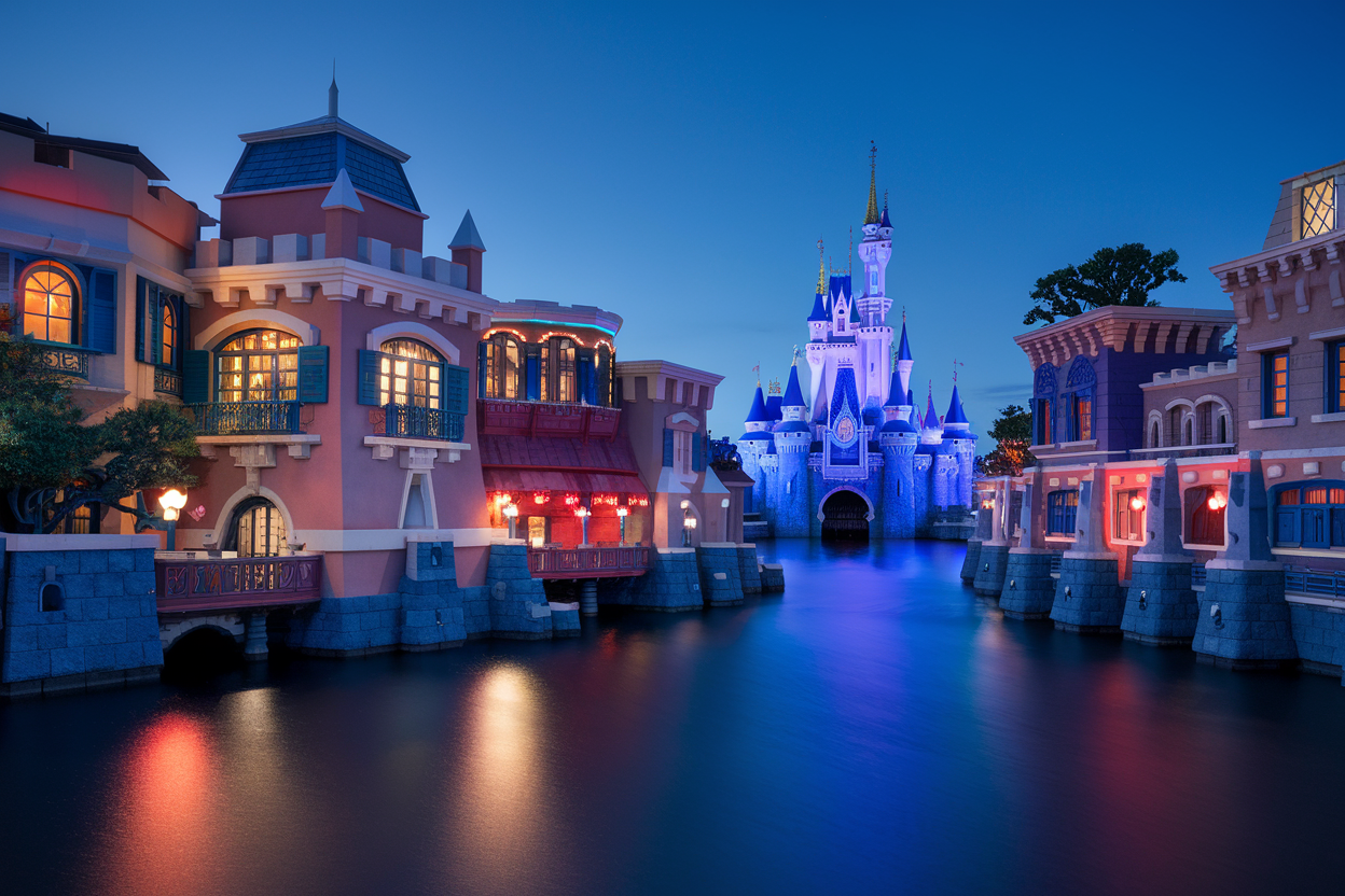 A photo of Tokyo DisneySea at night. The photo captures the iconic Mediterranean Harbor area with its various buildings and structures. The buildings are illuminated with vibrant colors, casting a warm glow over the water. The water is calm and reflects the lights. In the background, the iconic Disney castle is visible, with its towers illuminated in blue and purple hues.
