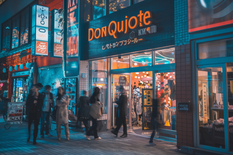 A cinematic photo of a vibrant night scene outside Don Quijote Kyoto. There are glowing neon signs, bustling shoppers, and colorful storefront displays. The lively energy of the city streets is evident. The photo has detailed textures and cinematic lighting. The overall atmosphere is a modern Japanese urban atmosphere.