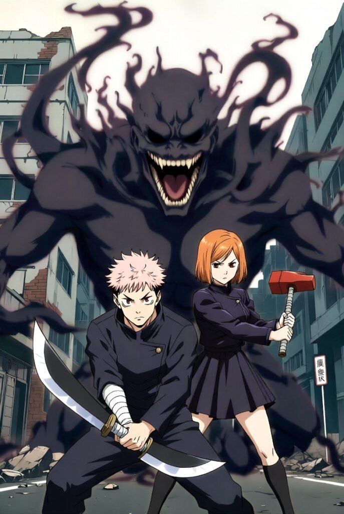 A photo of a Japanese theme café inspired by
Jujutsu Kaisen. There are magical décor elements such as floating candles, lanterns, and a large statue of a jujutsu sorcerer. The café has atmospheric lighting with dimmed lights and warm hues. There are authentic café elements such as green plants, wooden furniture, and a counter.