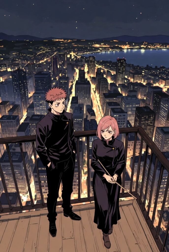 A cinematic photo of a warm atmospheric
lighting Jujutsu-inspired Japanese café scene. The café has a traditional wooden interior mixed with modern anime-style décor. There are subtle glowing talismans, floating paper charms, and mystical energy effects surrounding the café counter. A stylish Japanese barista is preparing a colorful, fantasy-themed dessert and drink. The background contains a few patrons. The photo has a highly detailed texture and a cozy yet magical ambiance.