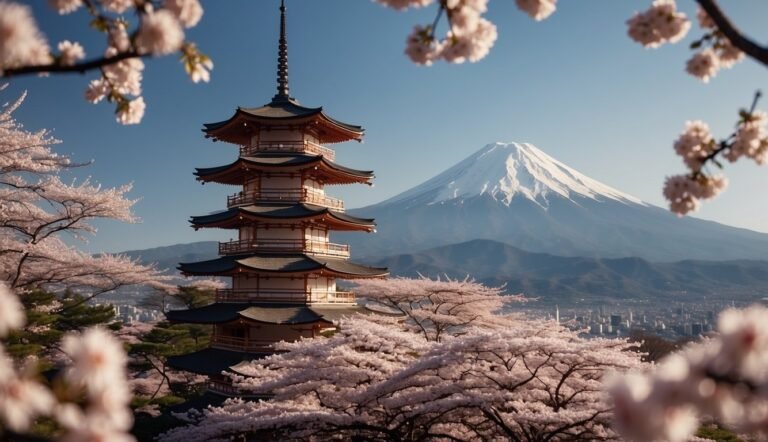 Japan Travel Hacks with mount fuji in the back and temple in front