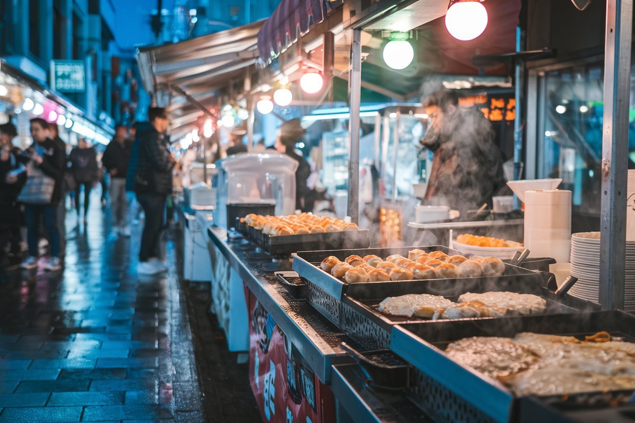A photo of a lively Osaka street scene at night. The street is bustling with food stalls, and there are people in the background. The focus is on authentic Osaka street foods like takoyaki and okonomiyaki. There are sizzling street grills. Steam is rising from hot plates. The lights are colorful, and they reflect on the wet pavement. The atmosphere is energetic and urban.